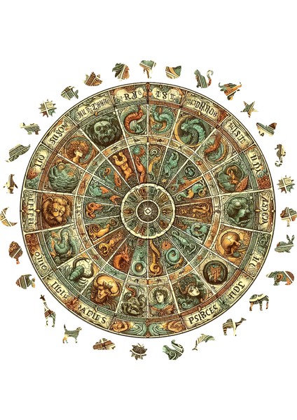 Ahşap Puzzle – Antik Zodyak Çarkı, 252 Parça, 29x29 cm – Benzersiz Şekilli ve Özel Figürlü, Yapıştırıcı Folyo Dahil, Dekoratif Yetişkin Yapboz - |A1-10|