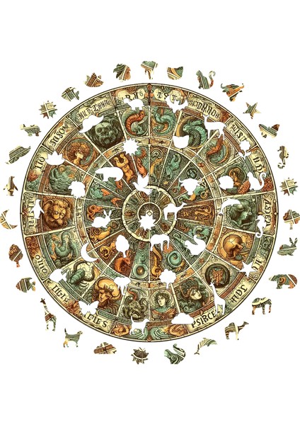 Ahşap Puzzle – Antik Zodyak Çarkı, 252 Parça, 29x29 cm – Benzersiz Şekilli ve Özel Figürlü, Yapıştırıcı Folyo Dahil, Dekoratif Yetişkin Yapboz - |A1-10|