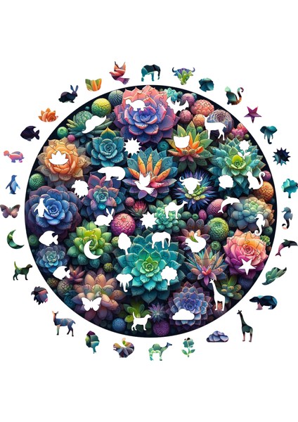 Ahşap Puzzle – Sukulent Bahçesi, 252 Parça, 29x29 cm – Benzersiz Şekilli ve Özel Figürlü, Yapıştırıcı Folyo Dahil, Dekoratif Yetişkin Yapboz - |A1-09|