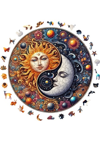 Ahşap Puzzle – Güneş Ve Ayın Dansı, 252 Parça, 29x29 cm – Benzersiz Şekilli ve Özel Figürlü, Yapıştırıcı Folyo Dahil, Dekoratif Yetişkin Yapboz - |A1-06|