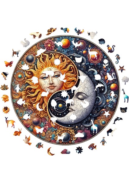 Ahşap Puzzle – Güneş Ve Ayın Dansı, 252 Parça, 29x29 cm – Benzersiz Şekilli ve Özel Figürlü, Yapıştırıcı Folyo Dahil, Dekoratif Yetişkin Yapboz - |A1-06|