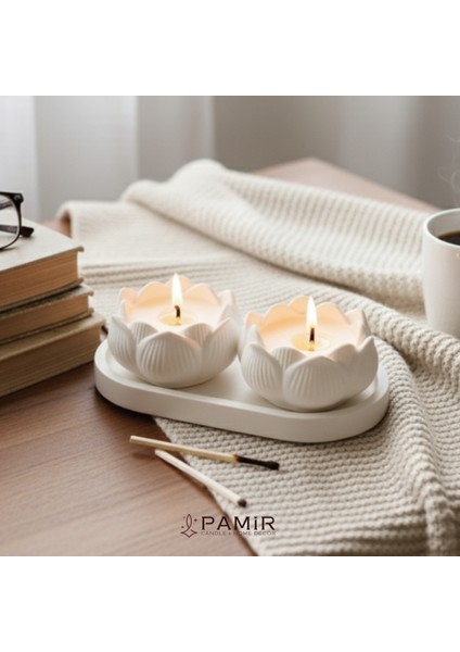 Dekoratif 2'li Lotus Amber Kokulu Mum Ve Oval Tabak Set 3'lü Şamdanlık Mumluk Orta Sehpa Objeler