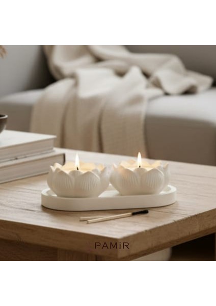 Dekoratif 2'li Lotus Amber Kokulu Mum Ve Oval Tabak Set 3'lü Şamdanlık Mumluk Orta Sehpa Objeler modelleri