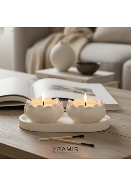 Dekoratif 2'li Lotus Amber Kokulu Mum Ve Oval Tabak Set 3'lü Şamdanlık Mumluk Orta Sehpa Objeler fiyatları