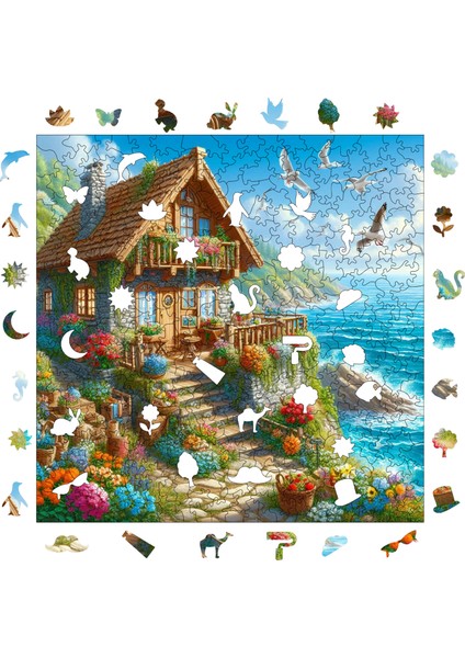 Ahşap Puzzle – Deniz Kenarında Kır Evi, 353 Parça, 29x29 cm – Benzersiz Şekilli ve Özel Figürlü, Yapıştırıcı Folyo Dahil, Dekoratif Yetişkin Yapboz - |S1-24|