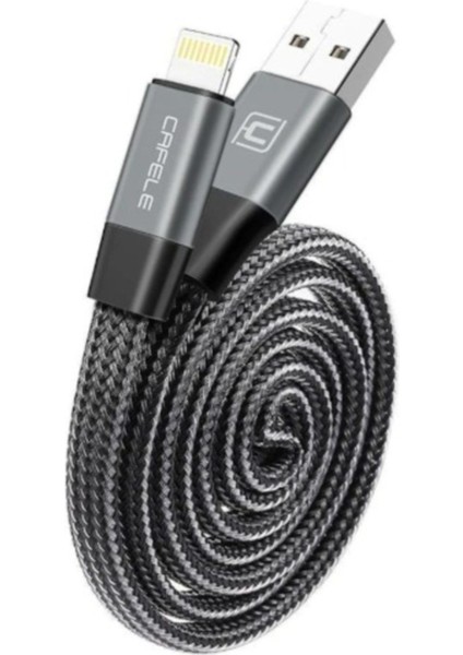 Yassı Fiber Örgülü Apple Ligtning Şarj Data Kablosu-Gri