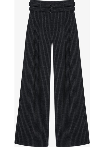 Çizgili Çift Kemerli Palazzo Pantolon Lacivert