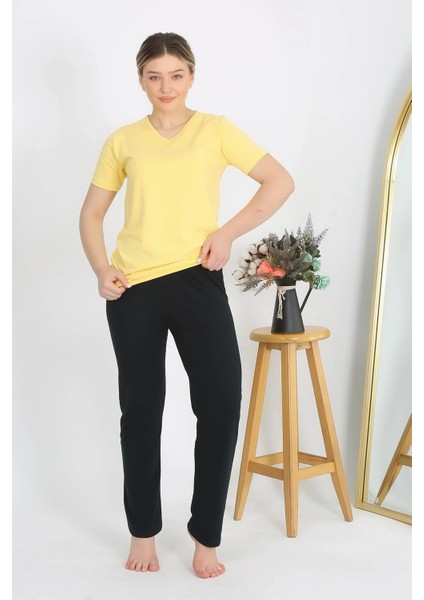 Kadın Kısa Kol Pamuk Penye Pijama Takım Sarı fiyatları