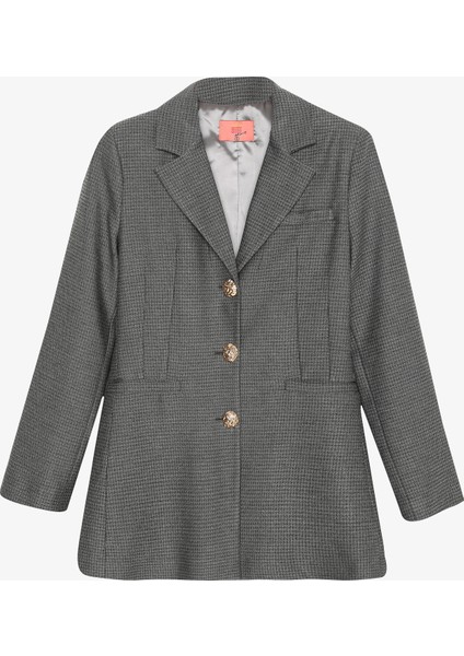 Kazayağı Desenlı Düğmeli Blazer Ceket Gri