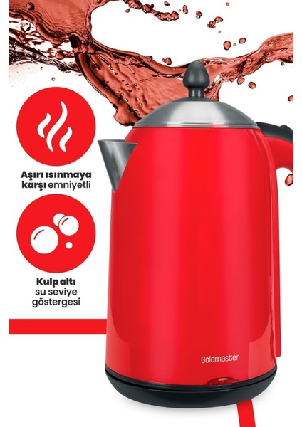 Kırmızı 1.7l Paslanmaz Çelik Su Isıtıcı, Emniyetli ve Su Seviyesi Göstergeli fırsatları