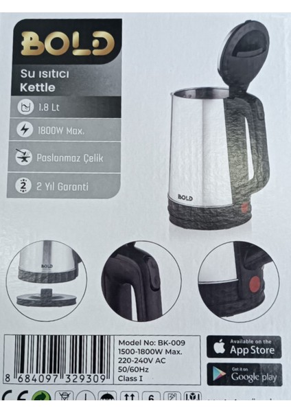 1.8 L Paslanmaz Çelik Su Isıtıcı, 1800W, Otomatik Kapanma, 2 Yıl Garantili fiyatları