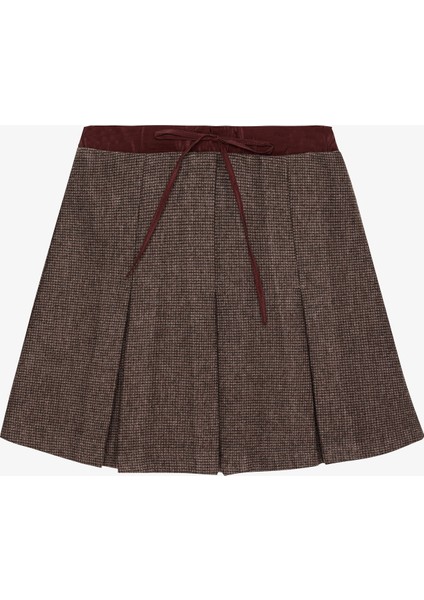 Beli Bağcıklı Pileli Mini Etek Kahverengi