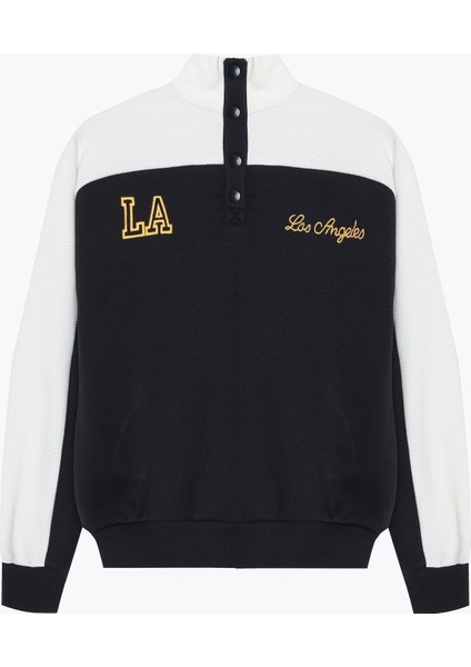 Nakışlı Kontrast Renkli Oversize Sweatshirt Lacivert