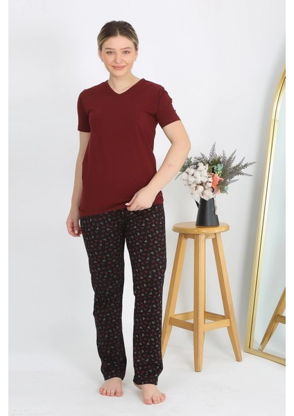 Kadın Kısa Kol Pamuk Penye Pijama Takım Bordo