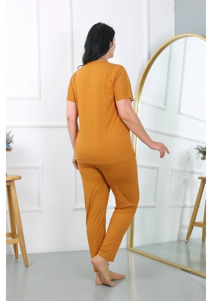 Kadın Büyük Beden Kısa Kol Penye Pijama Takımı Hardal