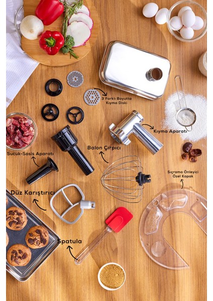 7 Litre Güçlü Stand Mikser, Siyah, Çok Fonksiyonlu, Dayanıklı ve Şık Tasarım