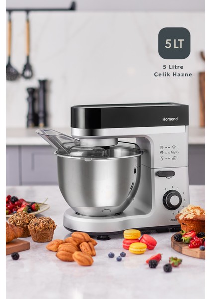 Şık Siyah Stand Mikser 1500W, 5 Lt Kapasiteli Profesyonel Tasarım