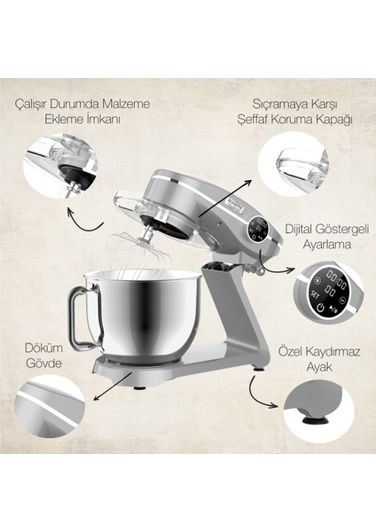 Dijital Döküm Stand Mikser 6 L Gümüş, Güçlü ve Şık Tasarımıyla Mutfağınıza Şıklık Katın