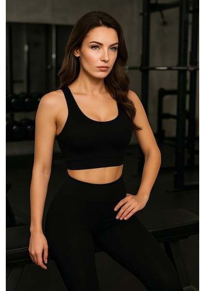 Kadın Spor Tayt Pedli Crop Büstiyer Kalın Askılı Fitilli Dalgıç Alt Üst Takım 2 'li Kota Siyah Renk fırsatları