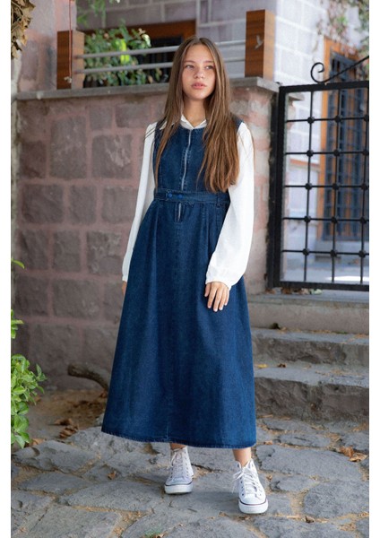 Mavi Önü Fermuarlı Klasik Gömlekli Kız Çocuk Kuşaklı Jean Elbise 22737
