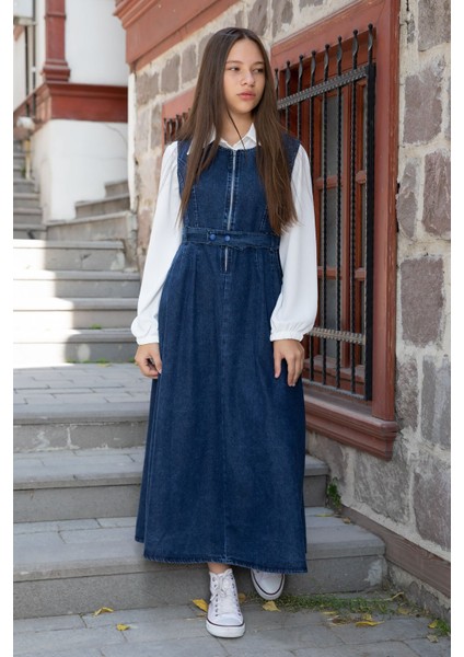 Mavi Önü Fermuarlı Klasik Gömlekli Kız Çocuk Kuşaklı Jean Elbise 22737 fiyatları