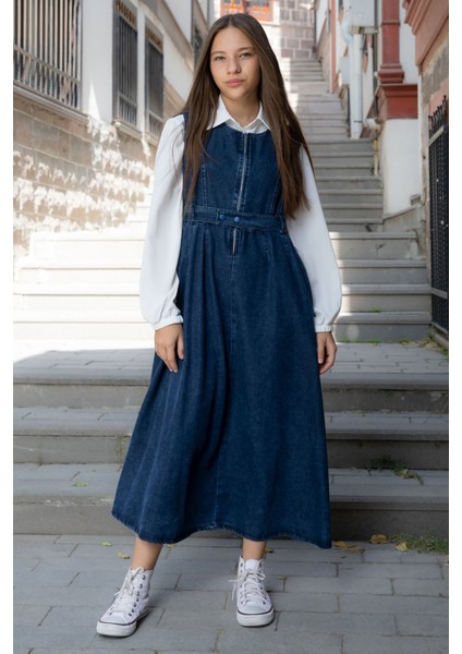Mavi Önü Fermuarlı Klasik Gömlekli Kız Çocuk Kuşaklı Jean Elbise 22737 modelleri