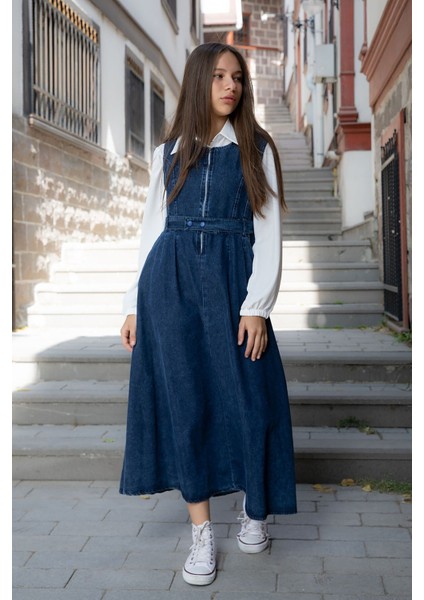 Mavi Önü Fermuarlı Klasik Gömlekli Kız Çocuk Kuşaklı Jean Elbise 22737 fırsatları