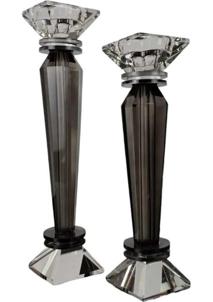 Ikili Set Kristal Füme Şamdan Mumluk