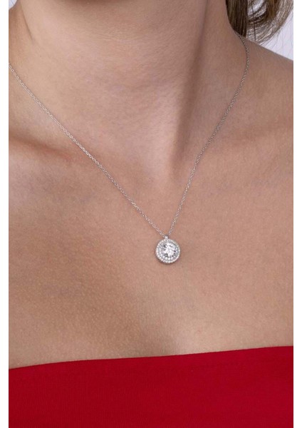 Yuvarlak Kesim Elmas Montür Beyaz Altın Kaplama Tektaş Kadın Gümüş Kolye