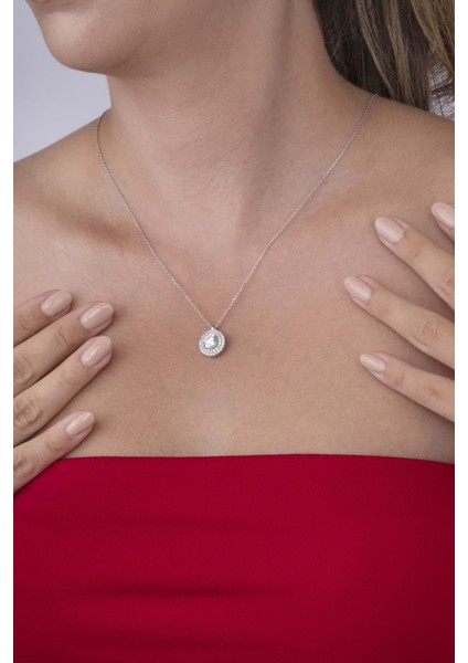 Yuvarlak Kesim Elmas Montür Beyaz Altın Kaplama Tektaş Kadın Gümüş Kolye fiyatları