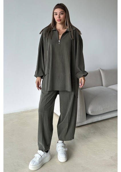 Yakası Fermuar Detaylı Premium Örme Kumaş Tunik Pantolon Takım Haki 9375-TK