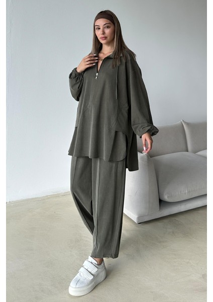 Yakası Fermuar Detaylı Premium Örme Kumaş Tunik Pantolon Takım Haki 9375-TK fiyatları