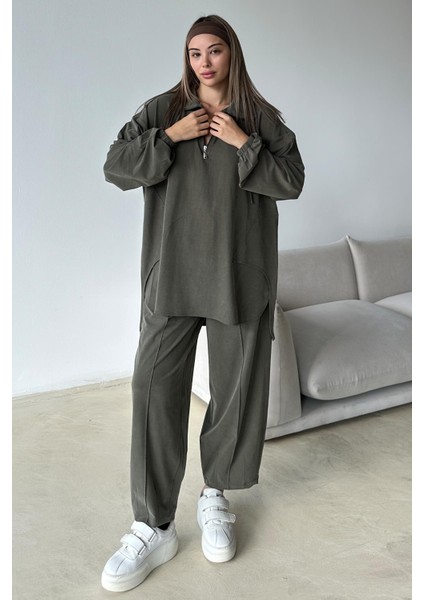 Yakası Fermuar Detaylı Premium Örme Kumaş Tunik Pantolon Takım Haki 9375-TK modelleri