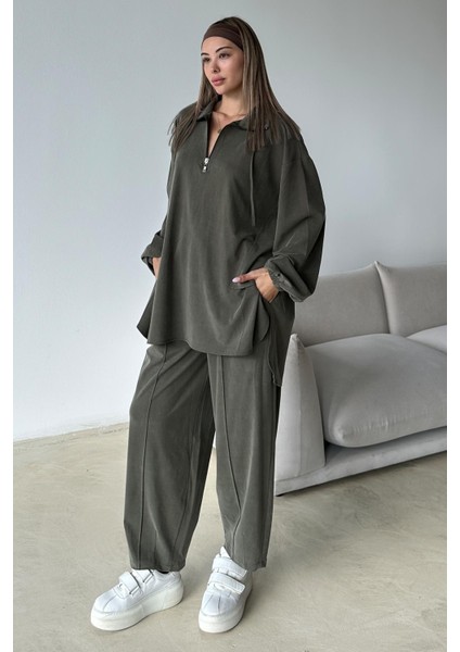 Yakası Fermuar Detaylı Premium Örme Kumaş Tunik Pantolon Takım Haki 9375-TK indirimleri