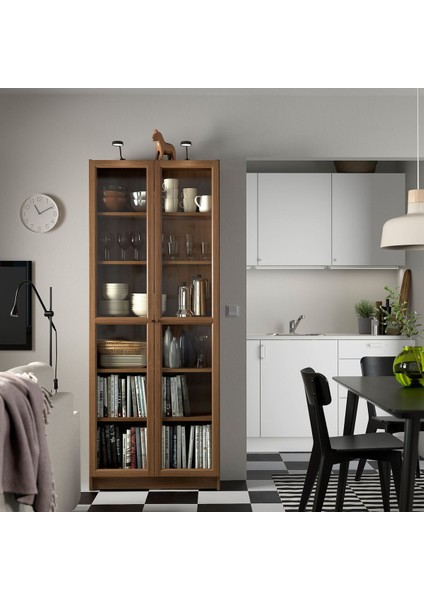 Cam Kapaklı Kitaplık, Kahverengi Ceviz Görünüm, 80X30X202 cm modelleri