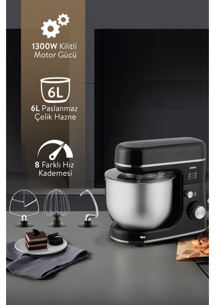 1300W 6l Stand Mikser Siyah, Güçlü ve Dayanıklı Mutfak Aleti