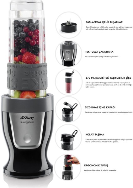 Kişisel Smoothie Blender 300W Buz Kırıcı 570ML Siyah AR1120