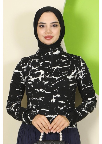 Mermer Desen Fermuarlı Body Siyah HM2833