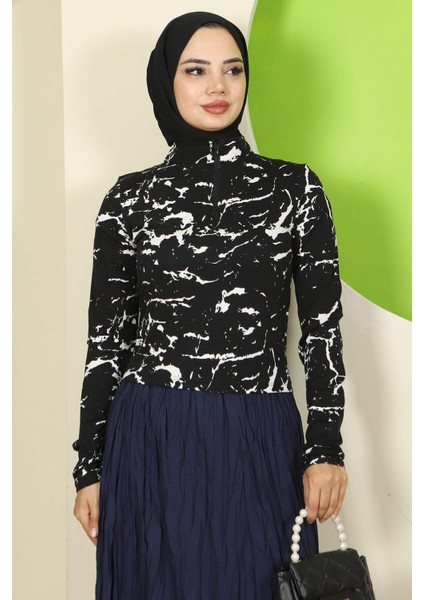 Mermer Desen Fermuarlı Body Siyah HM2833 indirimleri