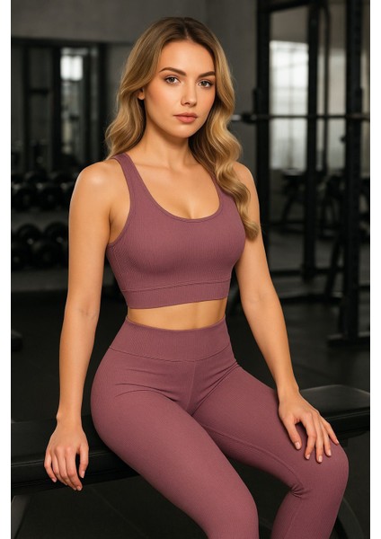 Kadın Spor Tayt Pedli Crop Büstiyer Kalın Askılı Fitilli Dalgıç Alt Üst Takım 2 'li Kota Mürdüm Renk fırsatları