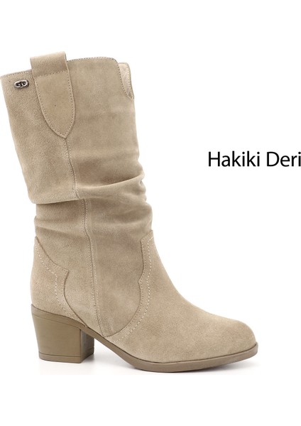 Kadın Bej Süet Kalın Topuklu Körüklü Hakiki Deri Çizme