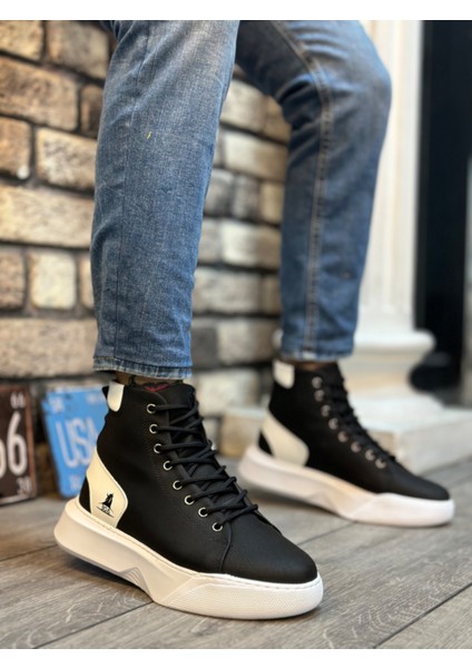 ET0155 Bağcıklı Erkek Yüksek Taban Siyah Beyaz Siyah Taban Spor Bot
