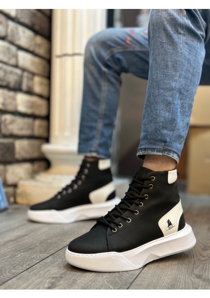ET0155 Bağcıklı Erkek Yüksek Taban Siyah Beyaz Siyah Taban Spor Bot fiyatları