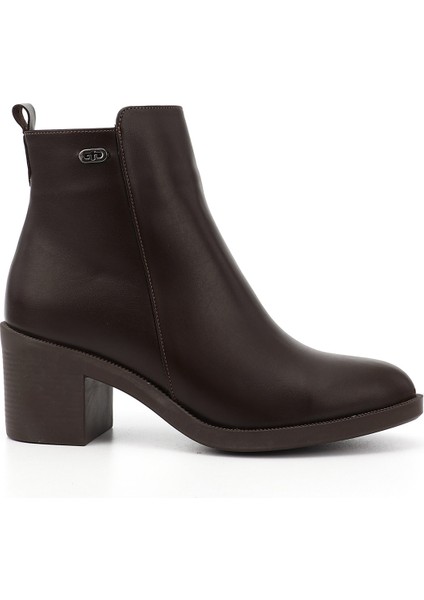 Kadın Kahverengi Fermuarlı Kalın Topuklu Bot