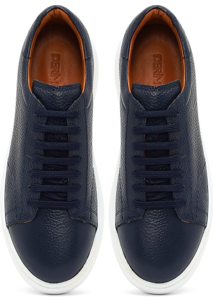 Erkek Lacivert Bağcıklı Kalın Tabanlı Deri Sneaker 25WFD8240FT