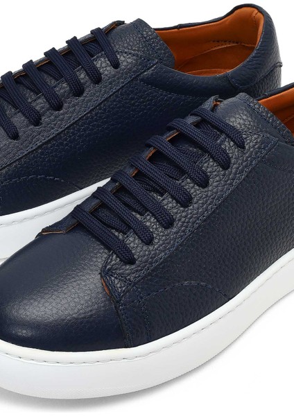 Erkek Lacivert Bağcıklı Kalın Tabanlı Deri Sneaker 25WFD8240FT