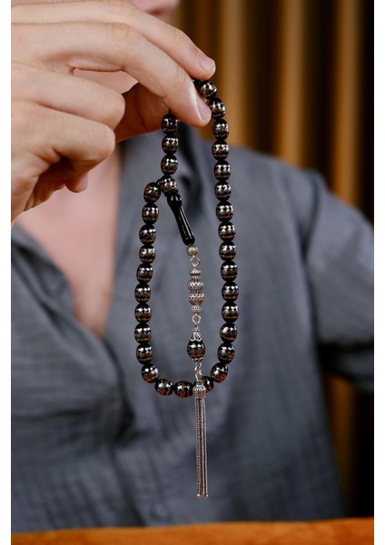 Prinç Sarmalı Gümüş Püskül Oltu Taşı Tesbih