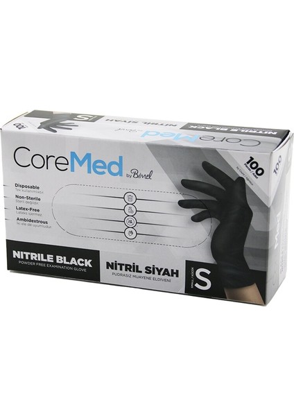 S Beden Siyah Pudrasız Nitril Muayene Eldiveni 100LÜ (5263)