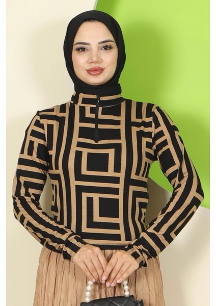 Labirent Desen Fermuarlı Body Kahverengi HM2831