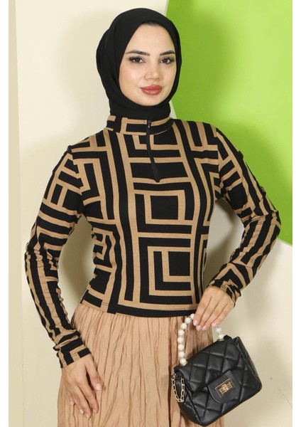 Labirent Desen Fermuarlı Body Kahverengi HM2831 fiyatları